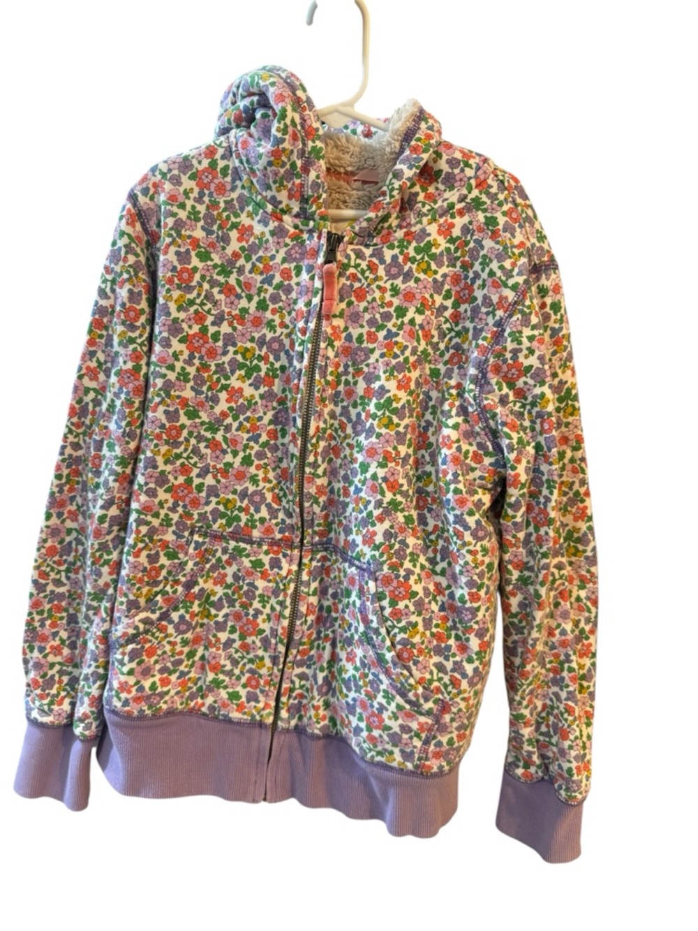 Mini Boden Floral-Lined Hoodie with Cream Sherpa